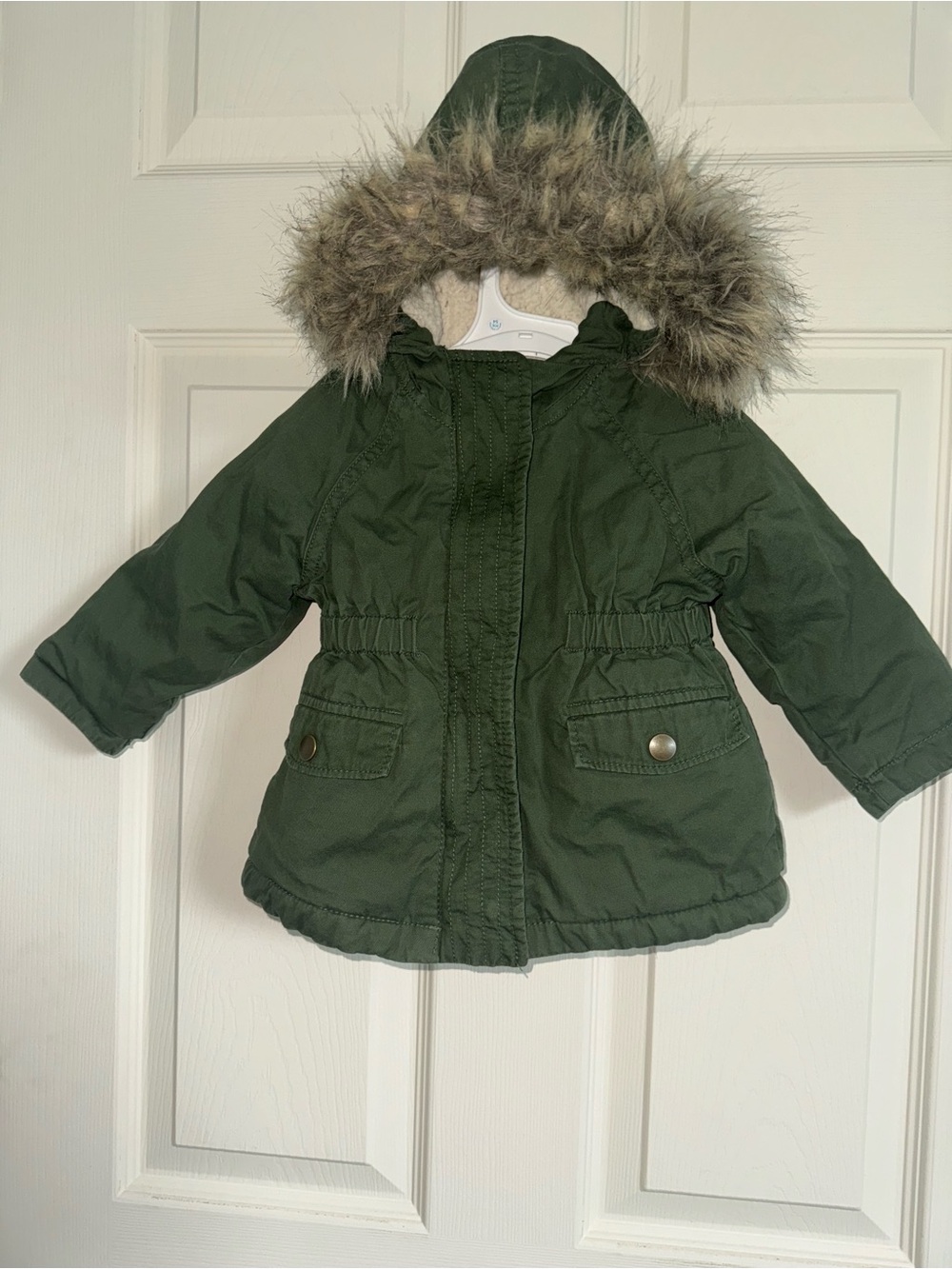 Old Navy Girls' Olive Green Hooded Puffer Coat with Faux Fur Trim